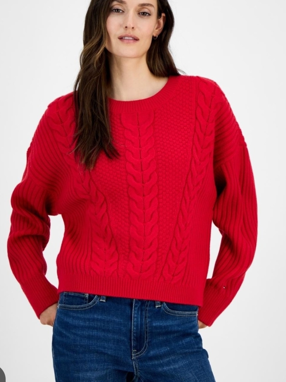 Tommy Hilfiger Traveling Red Cable-Knit Crewneck Sweater Size Large